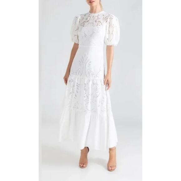 Shoshanna Midnight Bright White Eyelet Puff-Sleeve Maxi Dress Size 8 - Picture 5 of 16